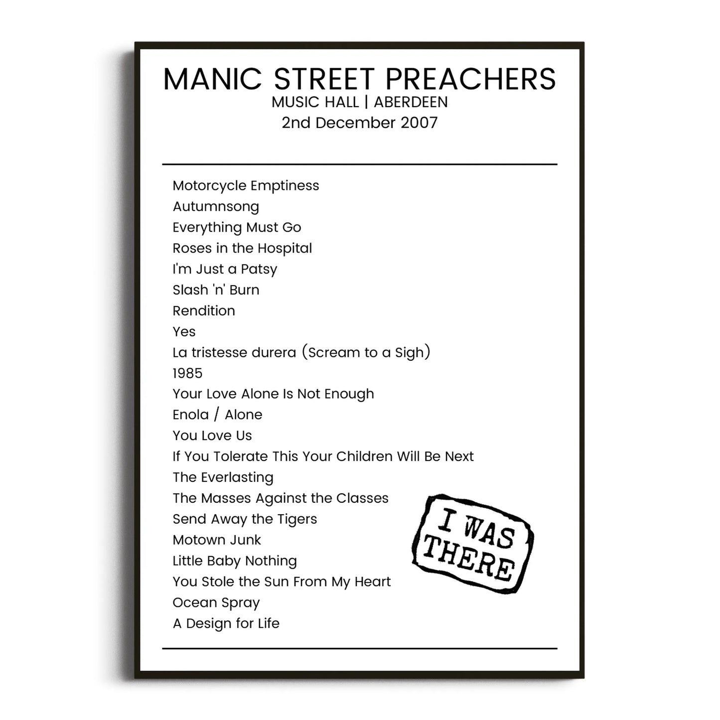 Manic Street Preachers Aberdeen 02 December 2007 Setlist Poster