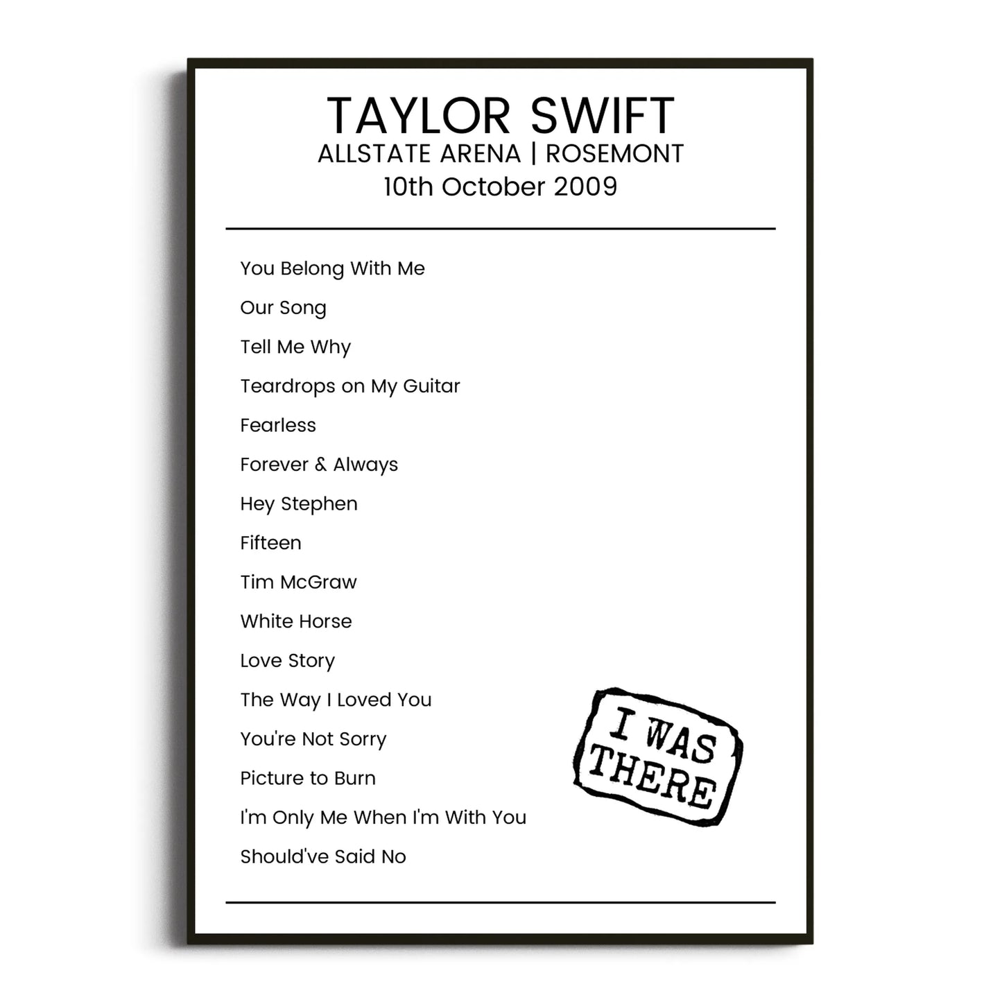 Taylor Swift Rosemont 10 October 2009 Setlist Poster