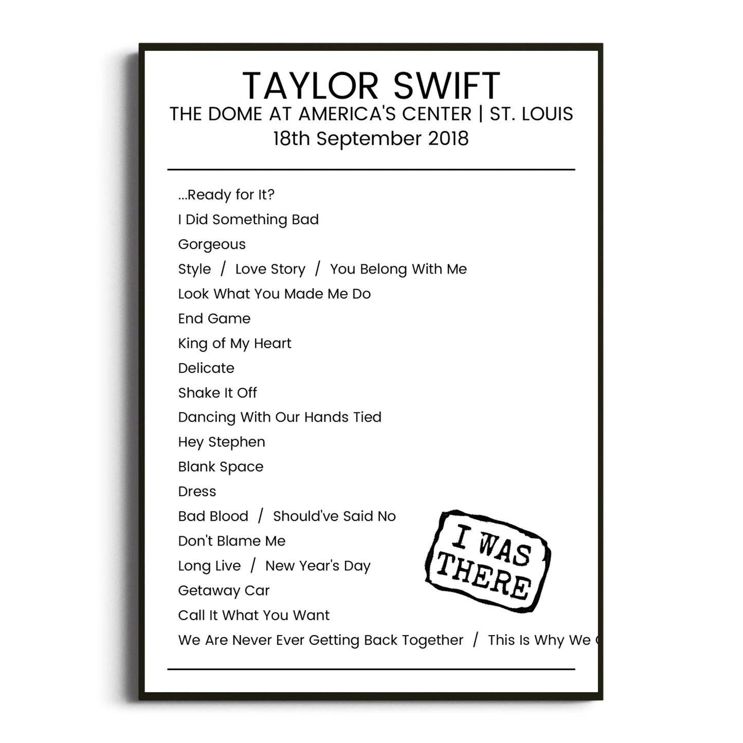 Taylor Swift St. Louis 18 September 2018 Setlist Poster