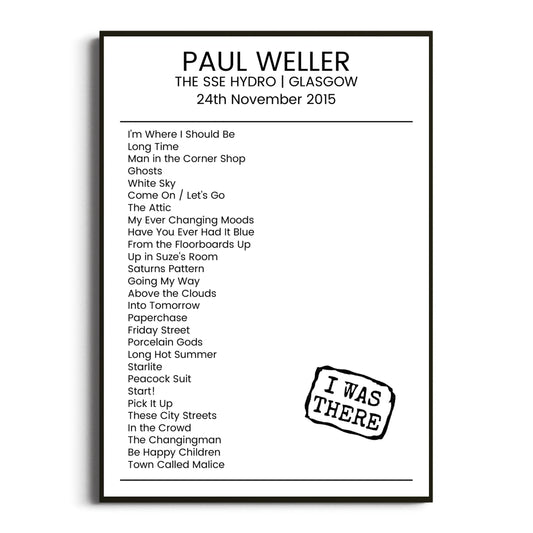 Paul Weller Glasgow 24 November 2015 Setlist Poster