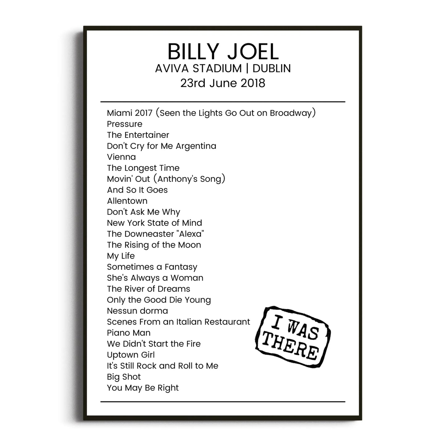 Billy Joel Dublin 23 June 2018 Setlist Poster