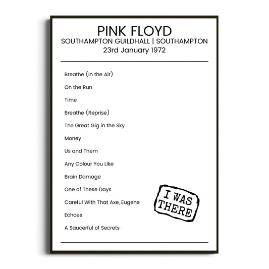 Pink Floyd Southampton 23 January 1972 Setlist Poster