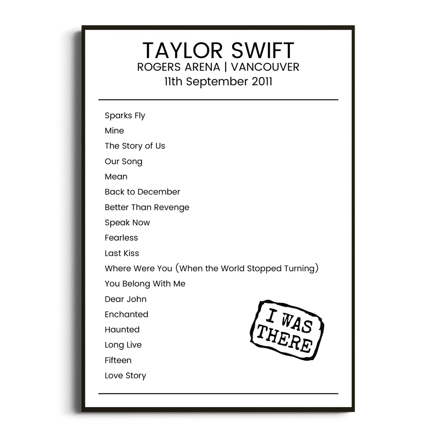 Taylor Swift Vancouver 11 September 2011 Setlist Poster