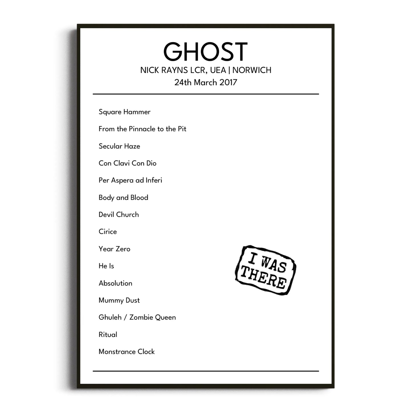 Ghost Norwich 24 March 2017 Setlist Poster