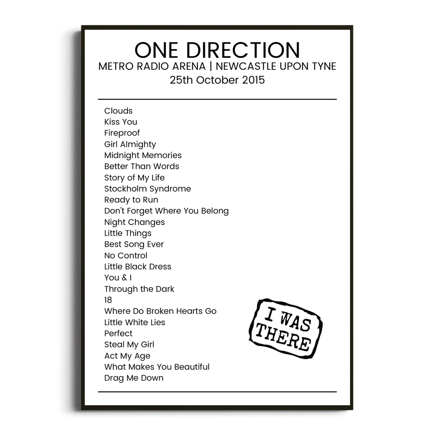 One Direction Newcastle upon Tyne 25 October 2015 Setlist Poster