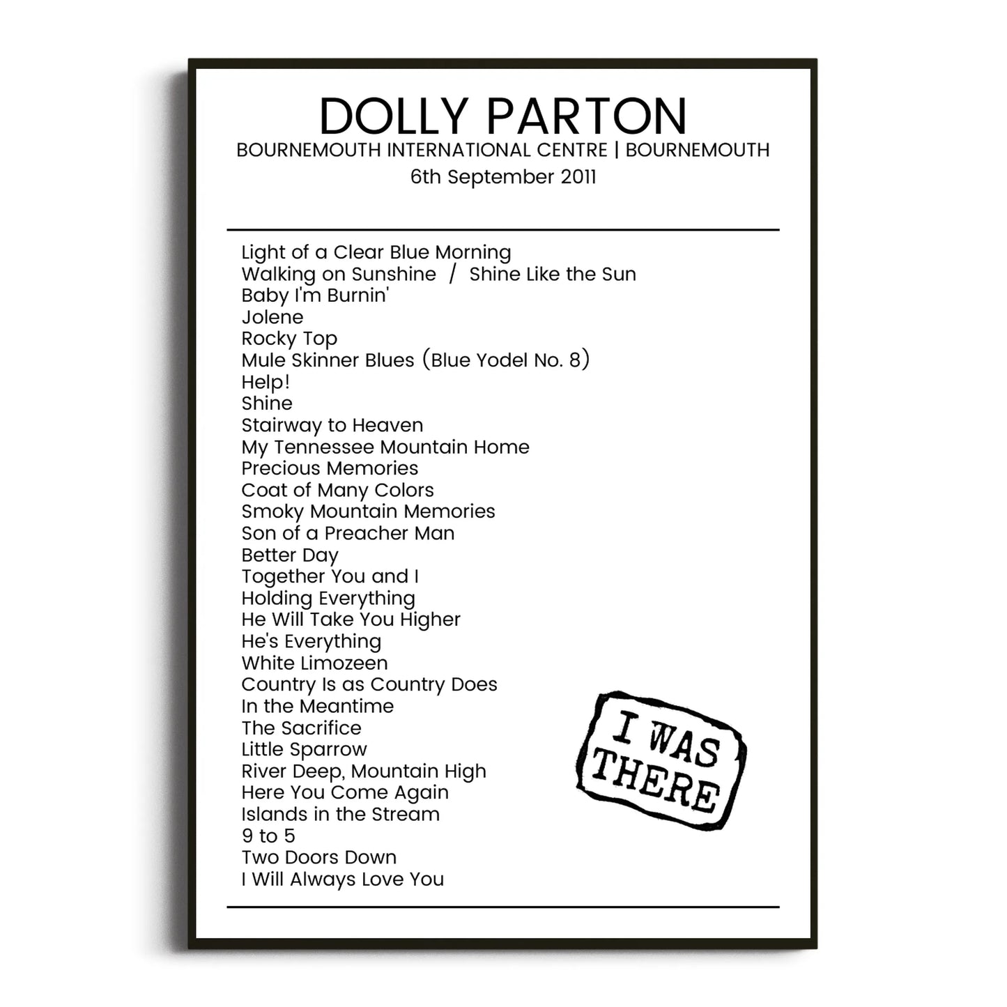 Dolly Parton Bournemouth 06 September 2011 Setlist Poster