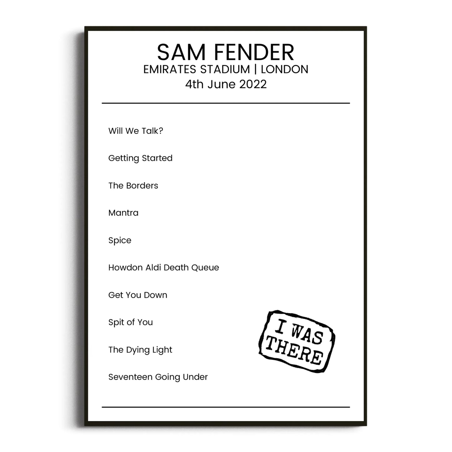 Sam Fender London 04 June 2022 Setlist Poster