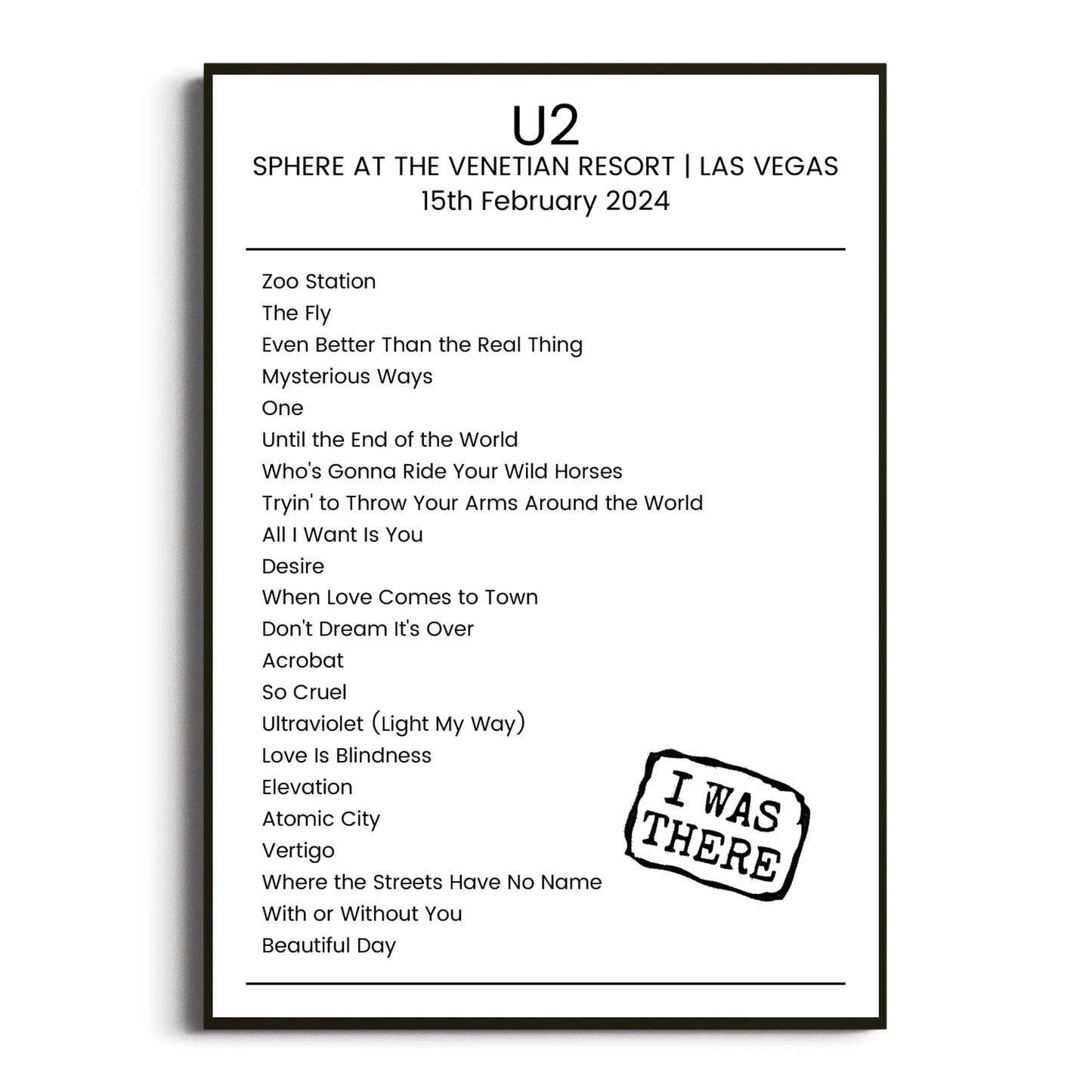 U2 Las Vegas 15 February 2024 Setlist Poster