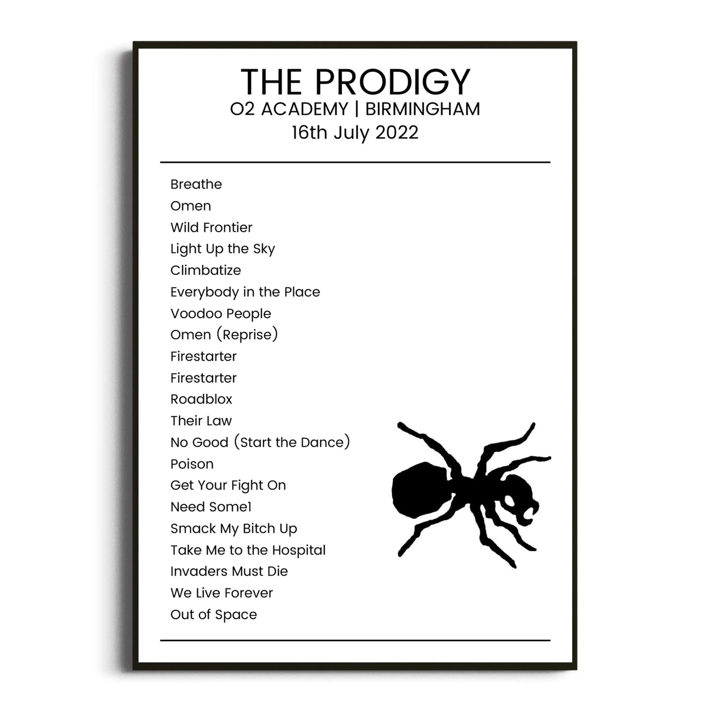 The Prodigy Birmingham 16 July 2022 Setlist Poster