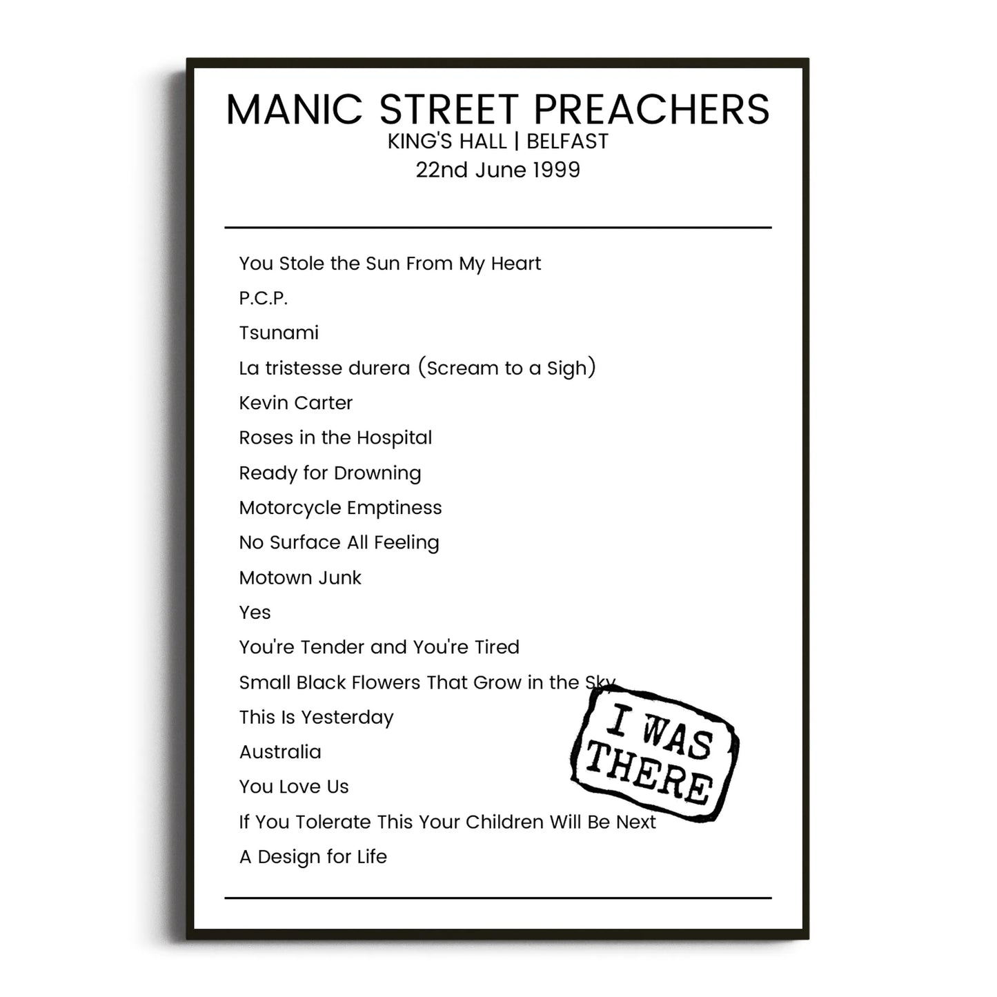 Manic Street Preachers Belfast 22 June 1999 Setlist Poster