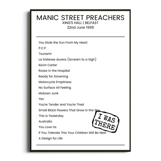 Manic Street Preachers Belfast 22 June 1999 Setlist Poster