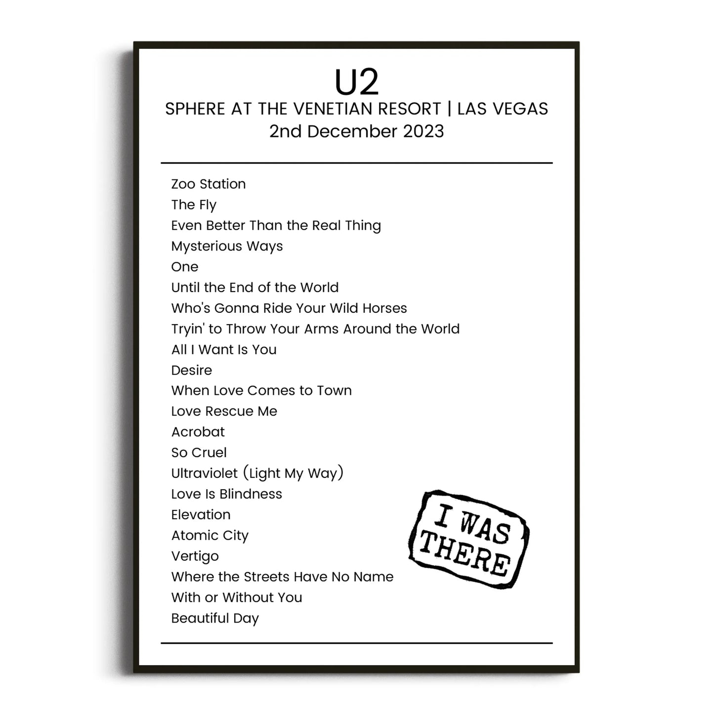 U2 Las Vegas 02 December 2023 Setlist Poster