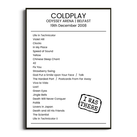 Coldplay Belfast 19 December 2008 Setlist Poster