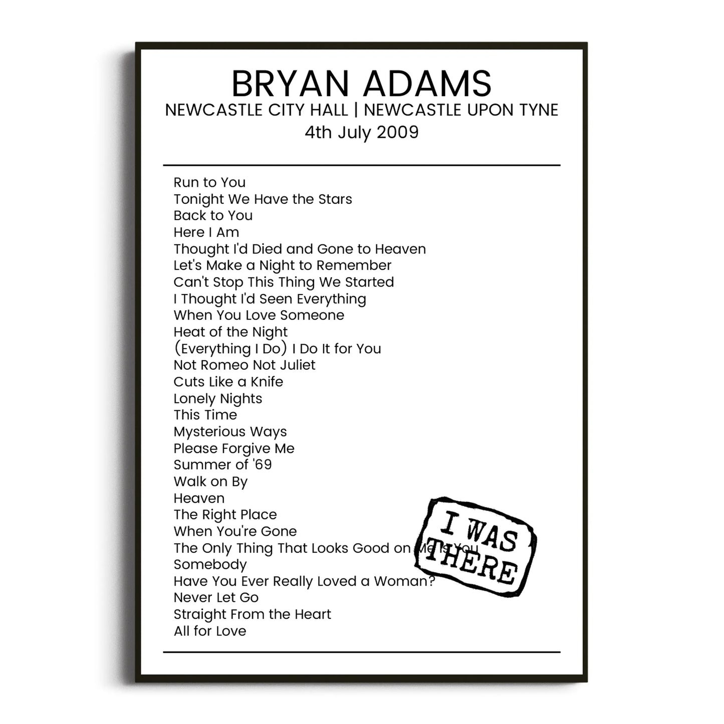 Bryan Adams Newcastle upon Tyne 04 July 2009 Setlist Poster