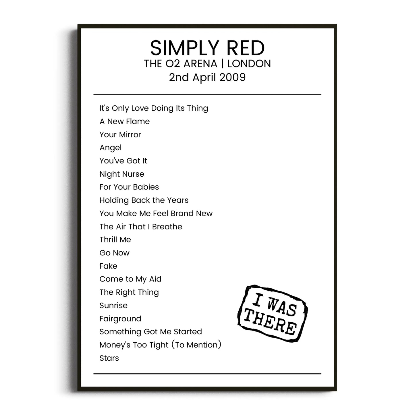 Simply Red London 02 April 2009 Setlist Poster