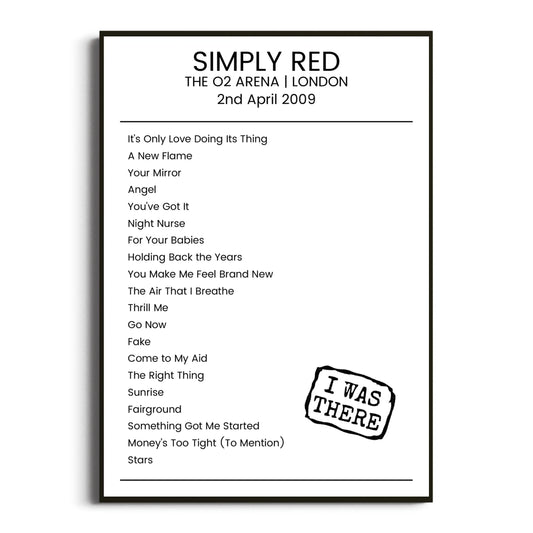 Simply Red London 02 April 2009 Setlist Poster