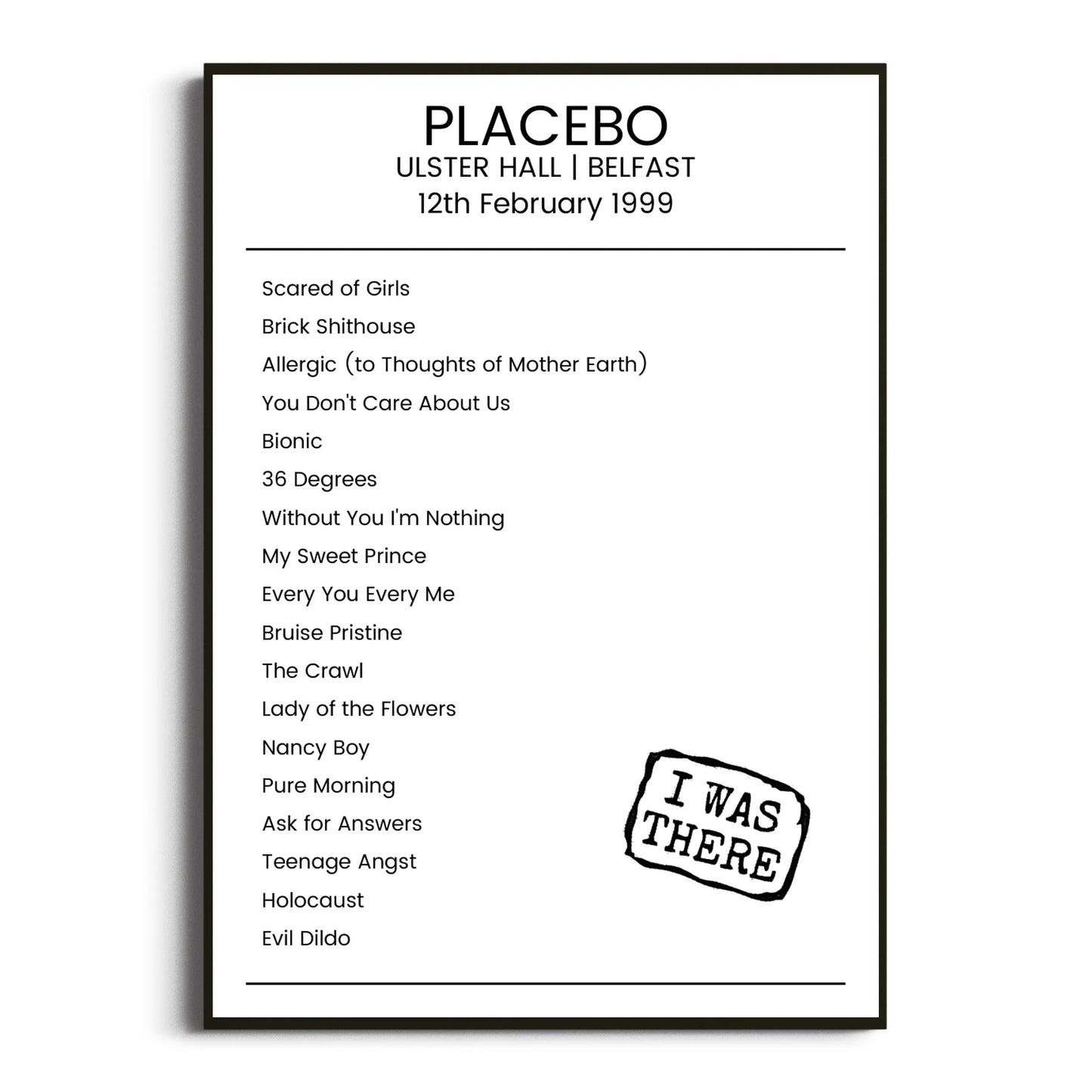 Placebo Belfast 12 February 1999 Setlist Poster