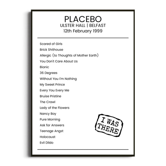 Placebo Belfast 12 February 1999 Setlist Poster