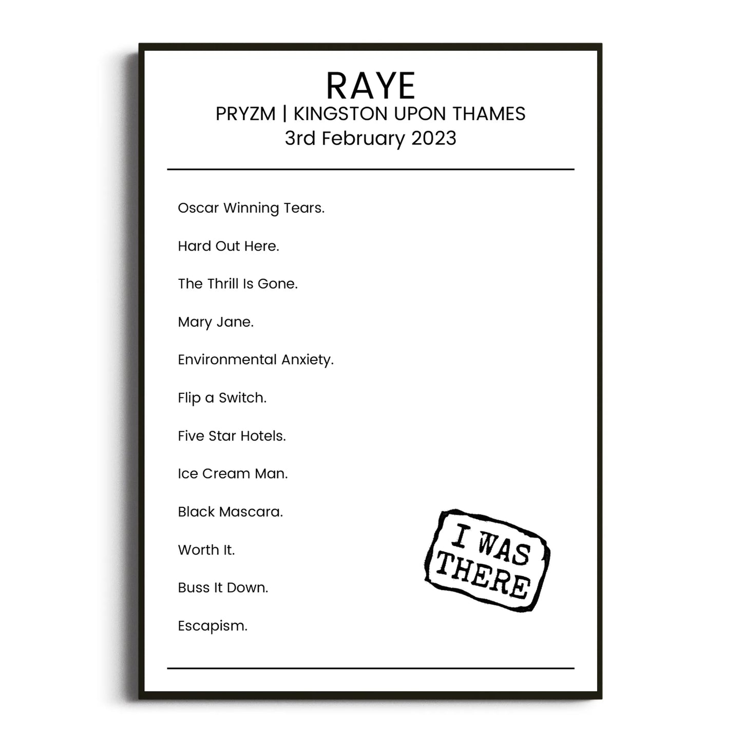 RAYE Kingston upon Thames 03 February 2023 Setlist Poster