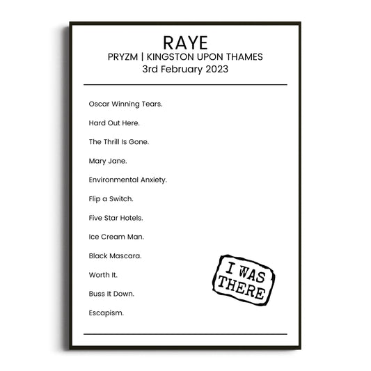 RAYE Kingston upon Thames 03 February 2023 Setlist Poster