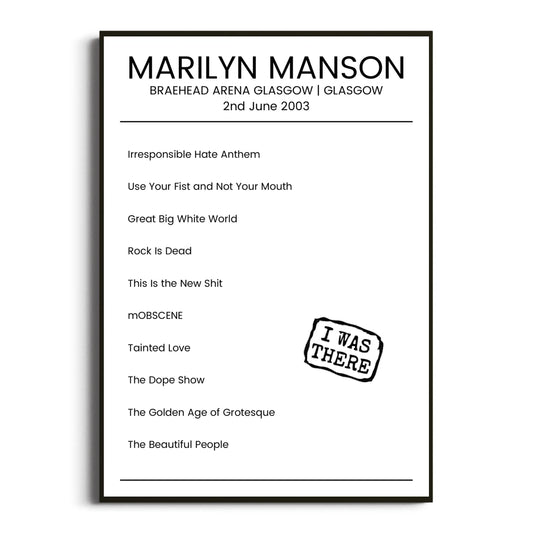 Marilyn Manson Glasgow 02 June 2003 Setlist Poster