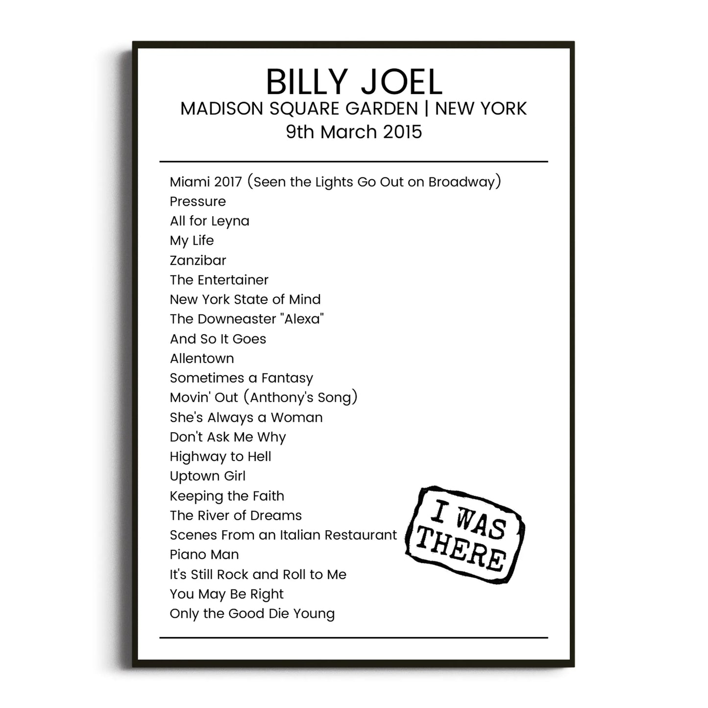 Billy Joel New York 09 March 2015 Setlist Poster