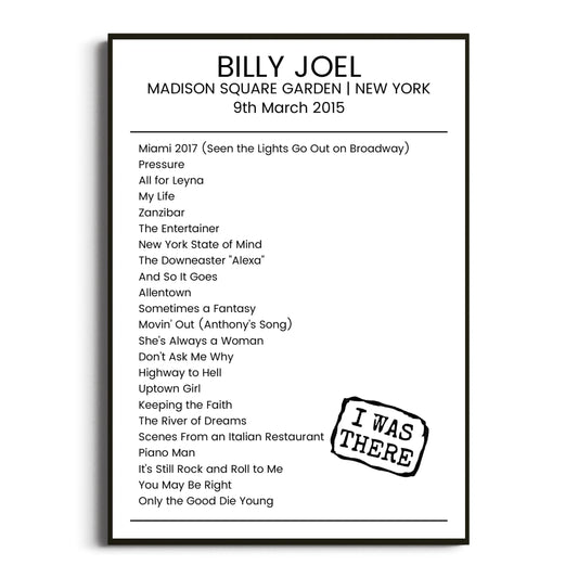 Billy Joel New York 09 March 2015 Setlist Poster