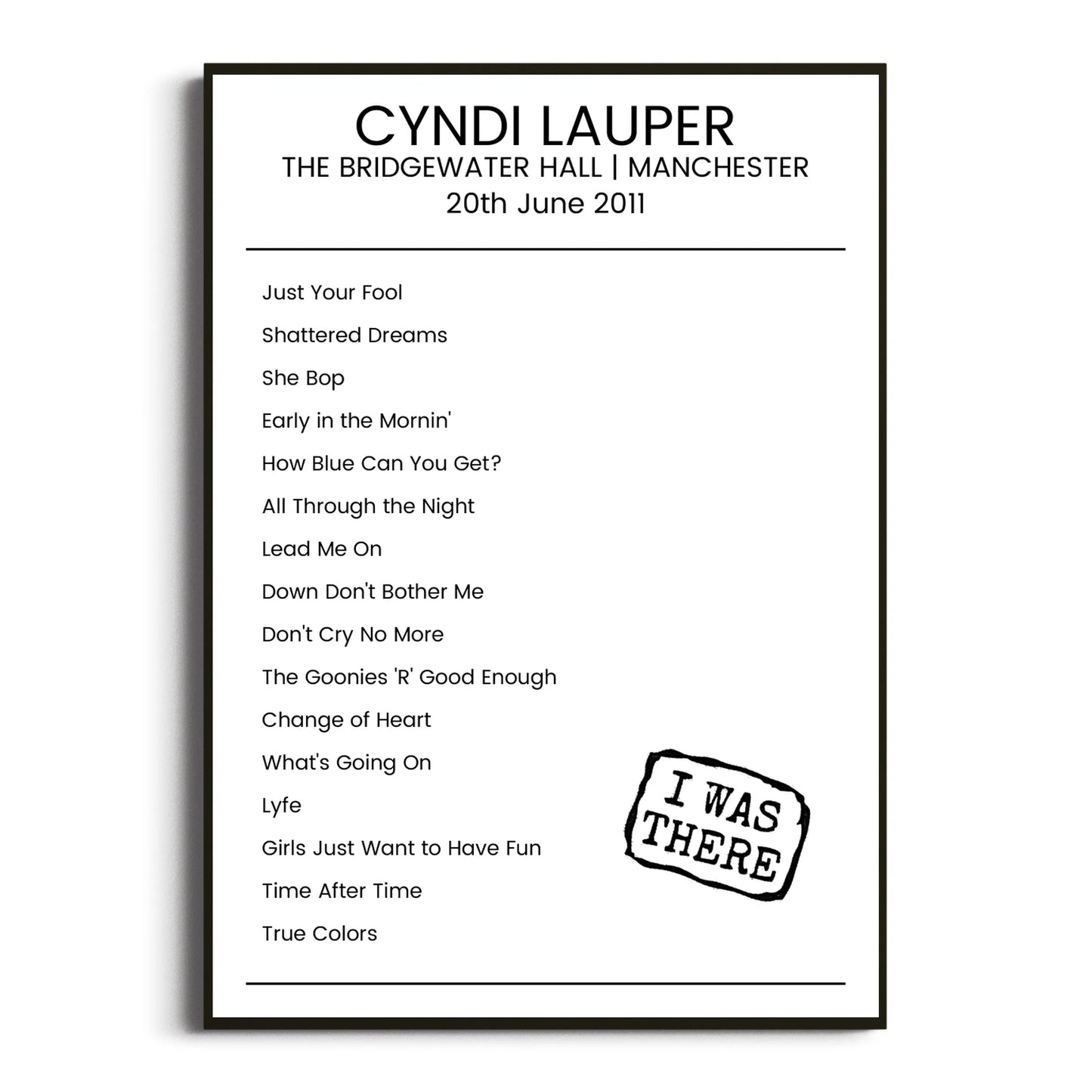 Cyndi Lauper Manchester 20 June 2011 Setlist Poster