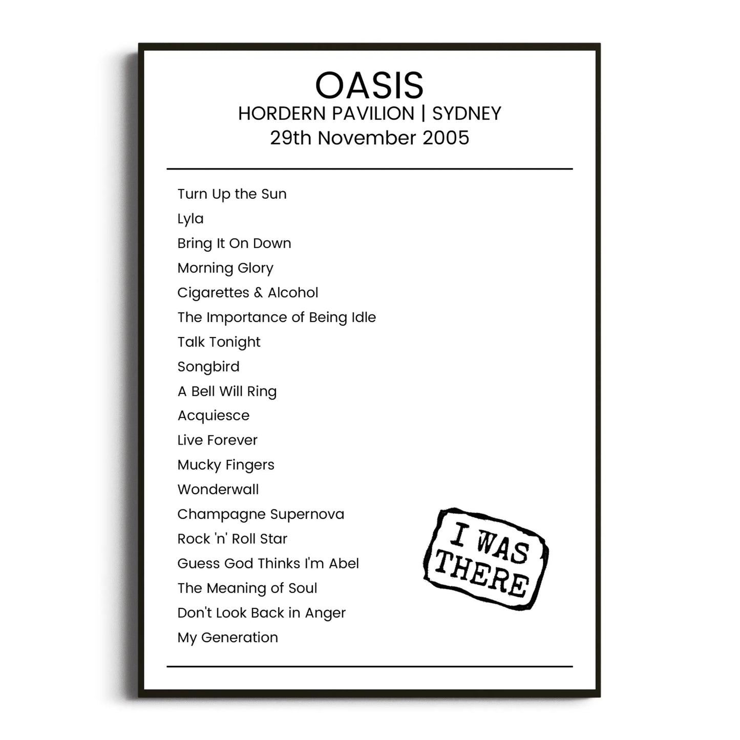 Oasis Sydney 29 November 2005 Setlist Poster