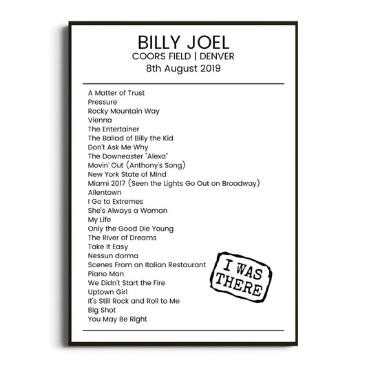 Billy Joel Denver 08 August 2019 Setlist Poster