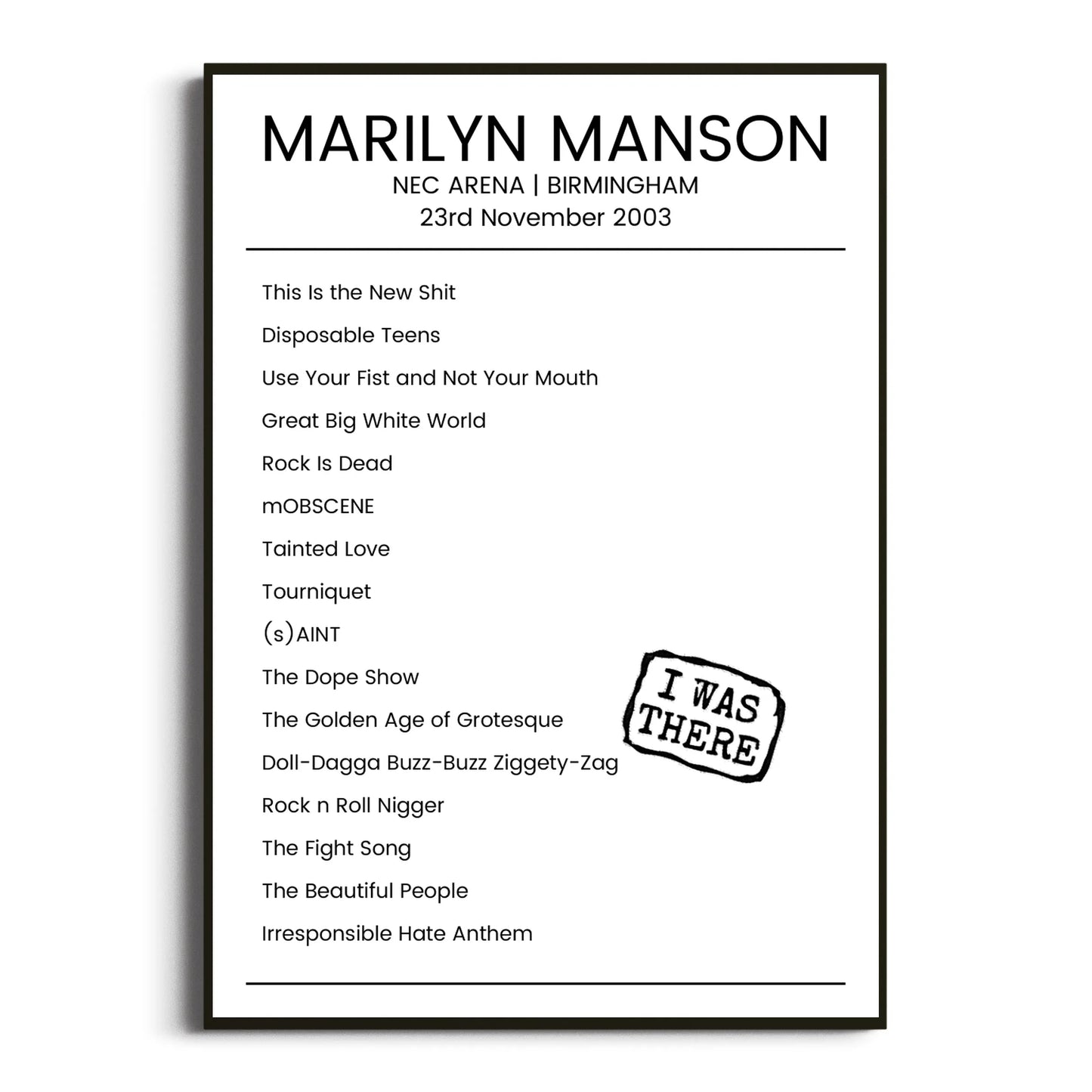 Marilyn Manson Birmingham 23 November 2003 Setlist Poster