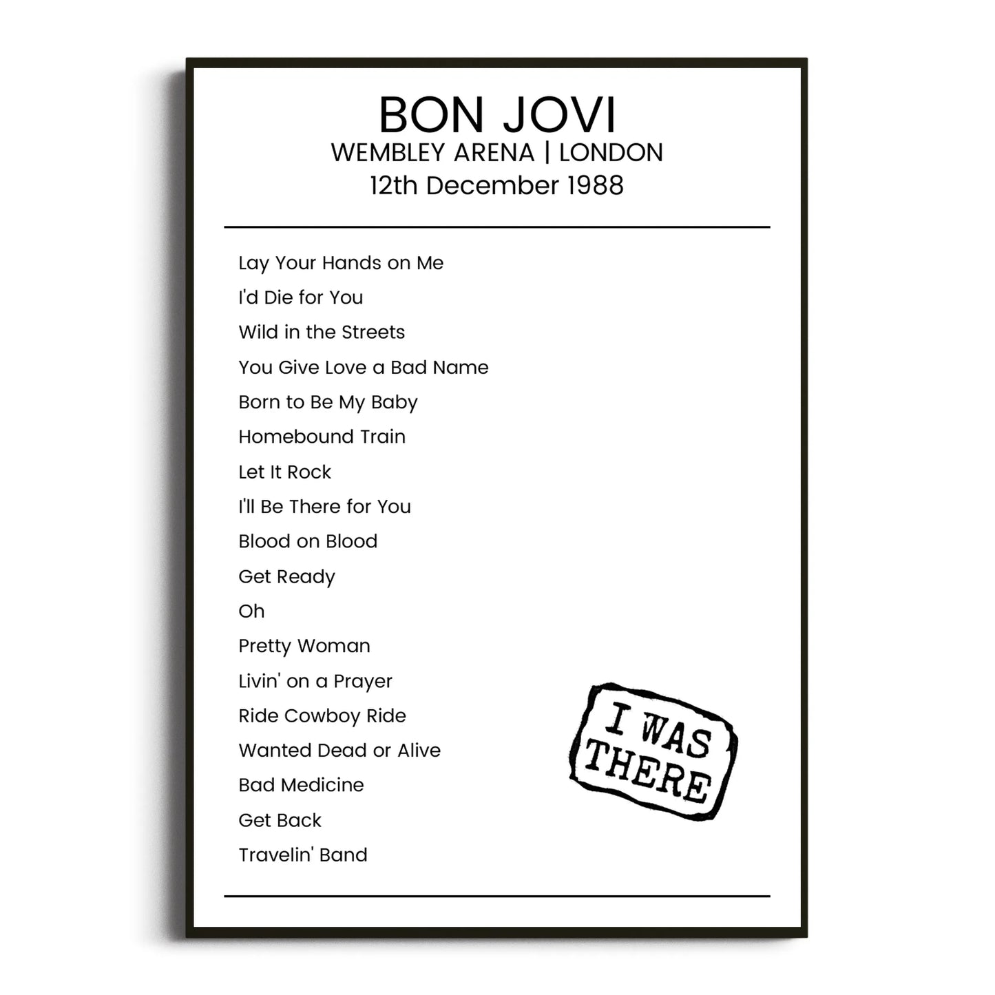 Bon Jovi London 12 December 1988 Setlist Poster