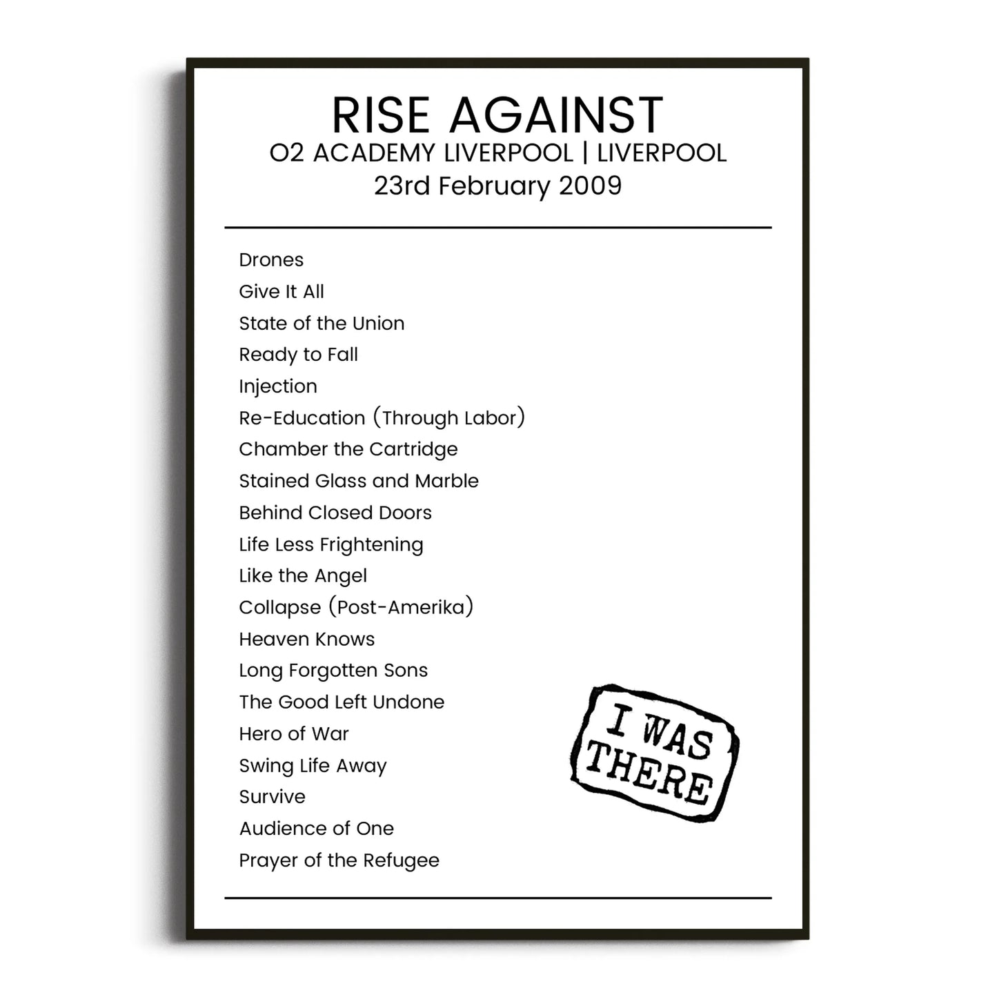 Rise Against Liverpool 23 February 2009 Setlist Poster