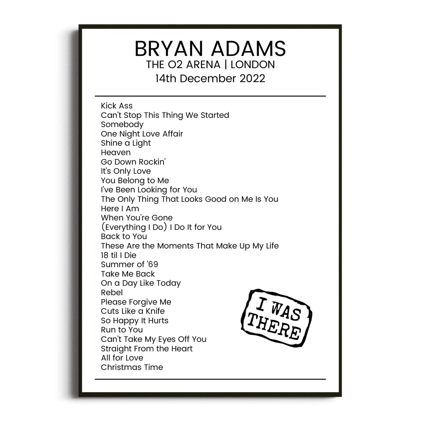 Bryan Adams London 14 December 2022 Setlist Poster