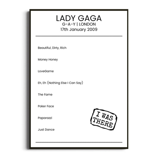 Lady Gaga London 17 January 2009 Setlist Poster