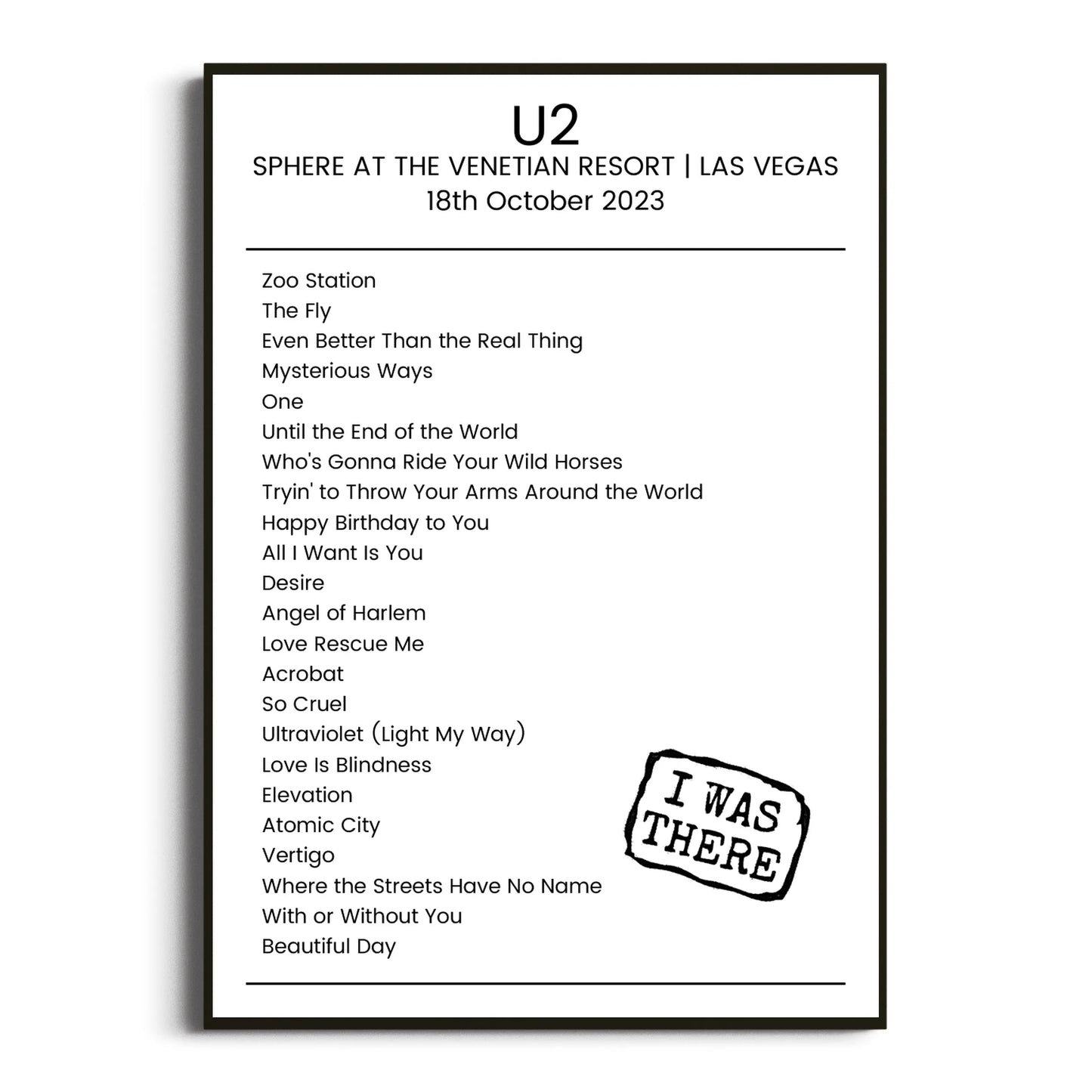 U2 Las Vegas 18 October 2023 Setlist Poster