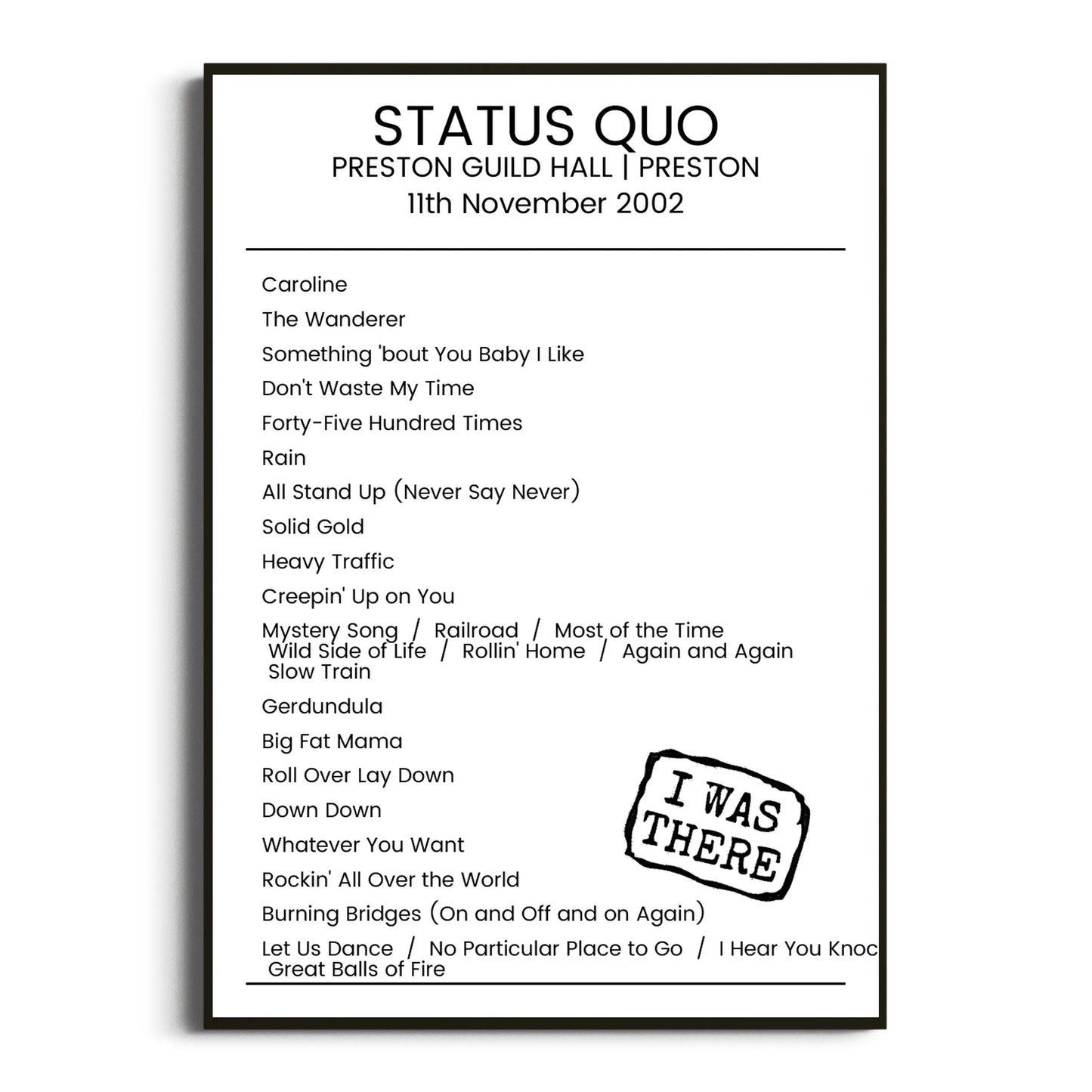 Status Quo Preston 11 November 2002 Setlist Poster