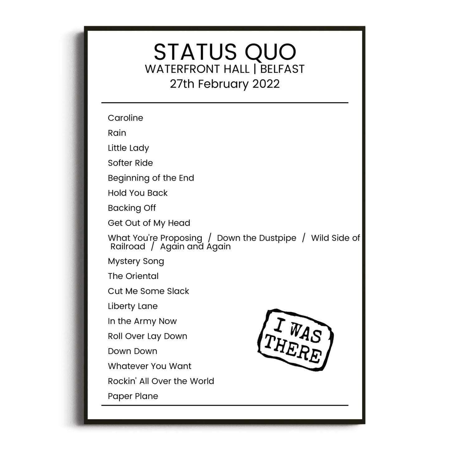 Status Quo Belfast 27 February 2022 Setlist Poster