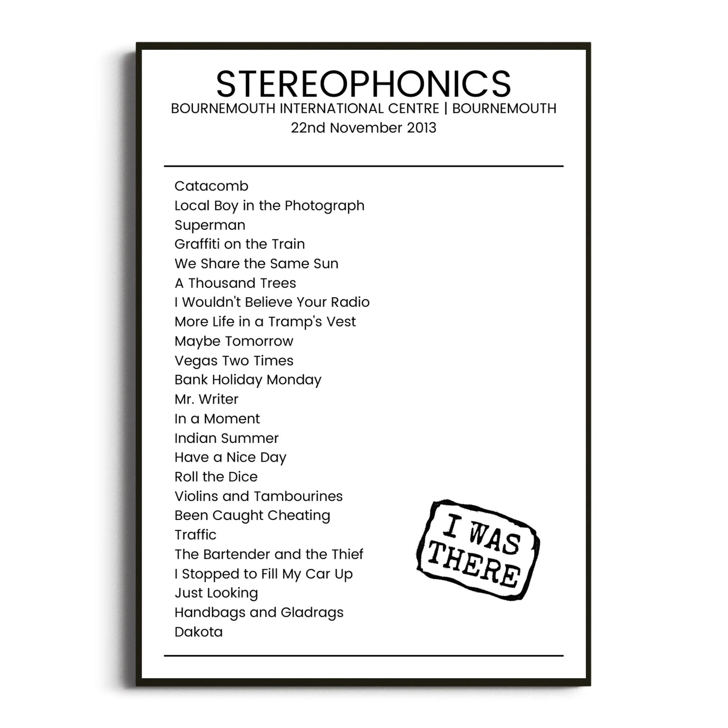 Stereophonics Bournemouth 22 November 2013 Setlist Poster