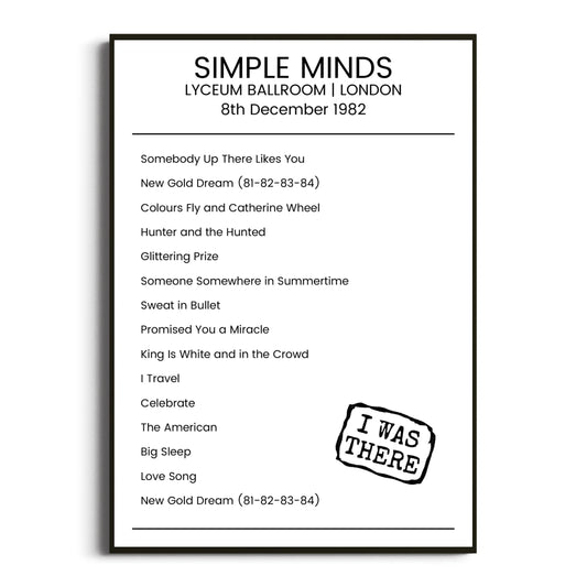 Simple Minds London 08 December 1982 Setlist Poster