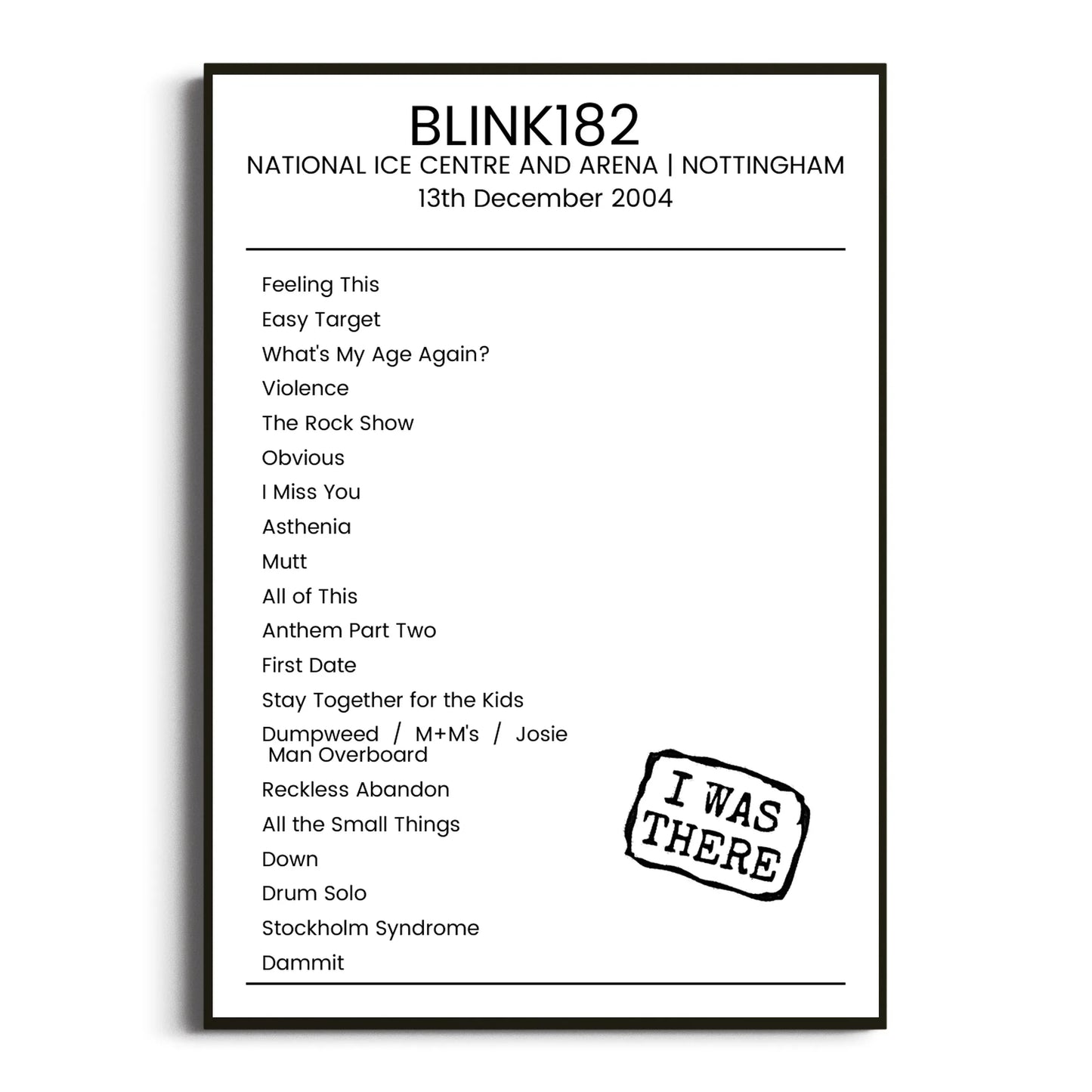 blink‐182 Nottingham 13 December 2004 Setlist Poster