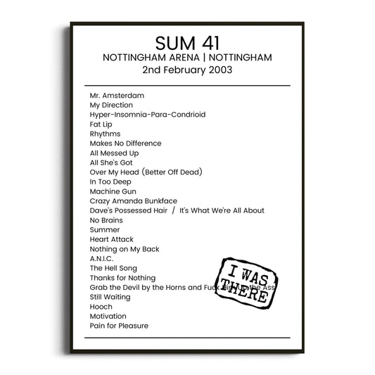 Sum 41 Nottingham 02 February 2003 Setlist Poster