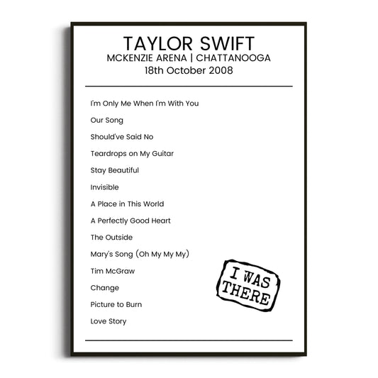 Taylor Swift Chattanooga 18 October 2008 Setlist Poster