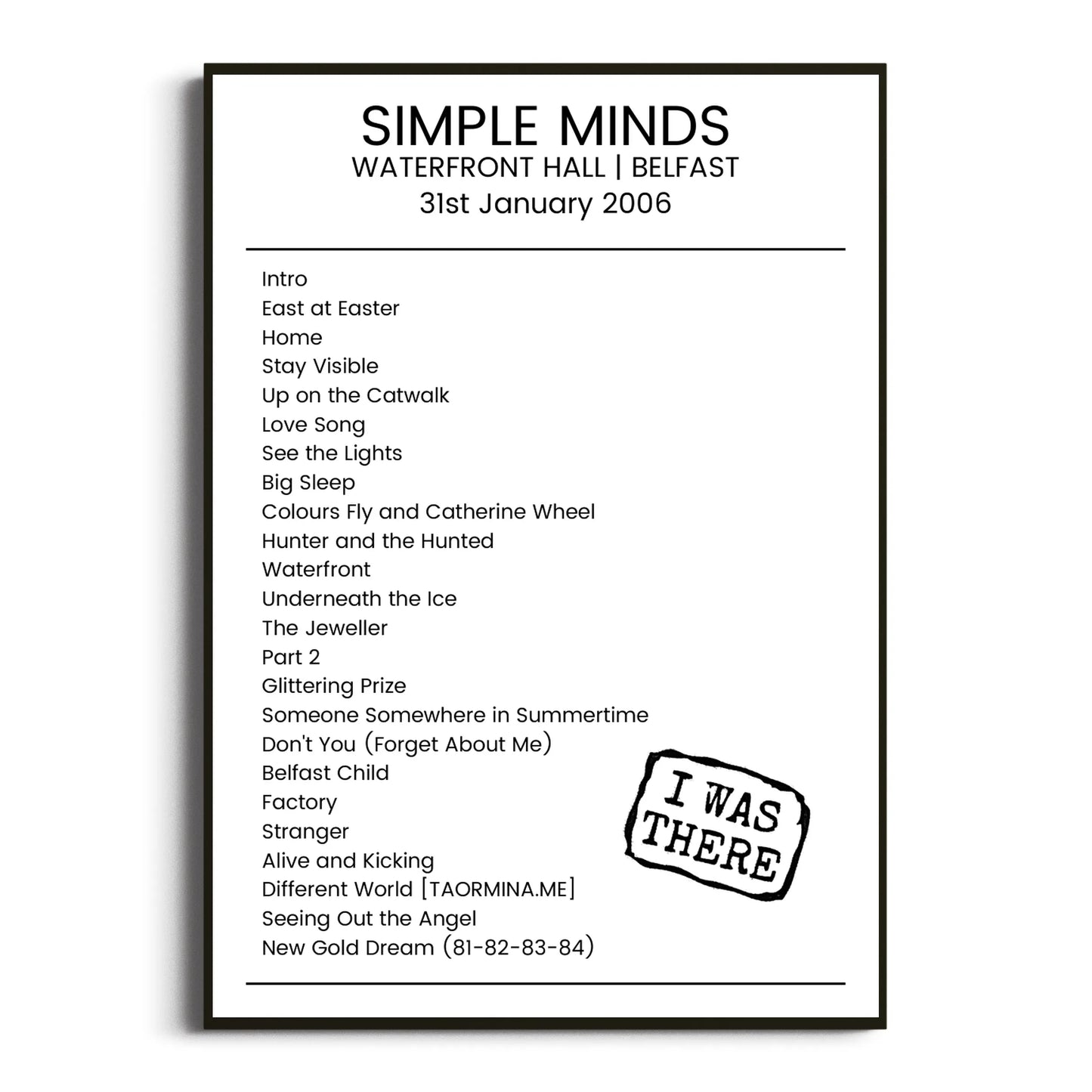 Simple Minds Belfast 31 January 2006 Setlist Poster