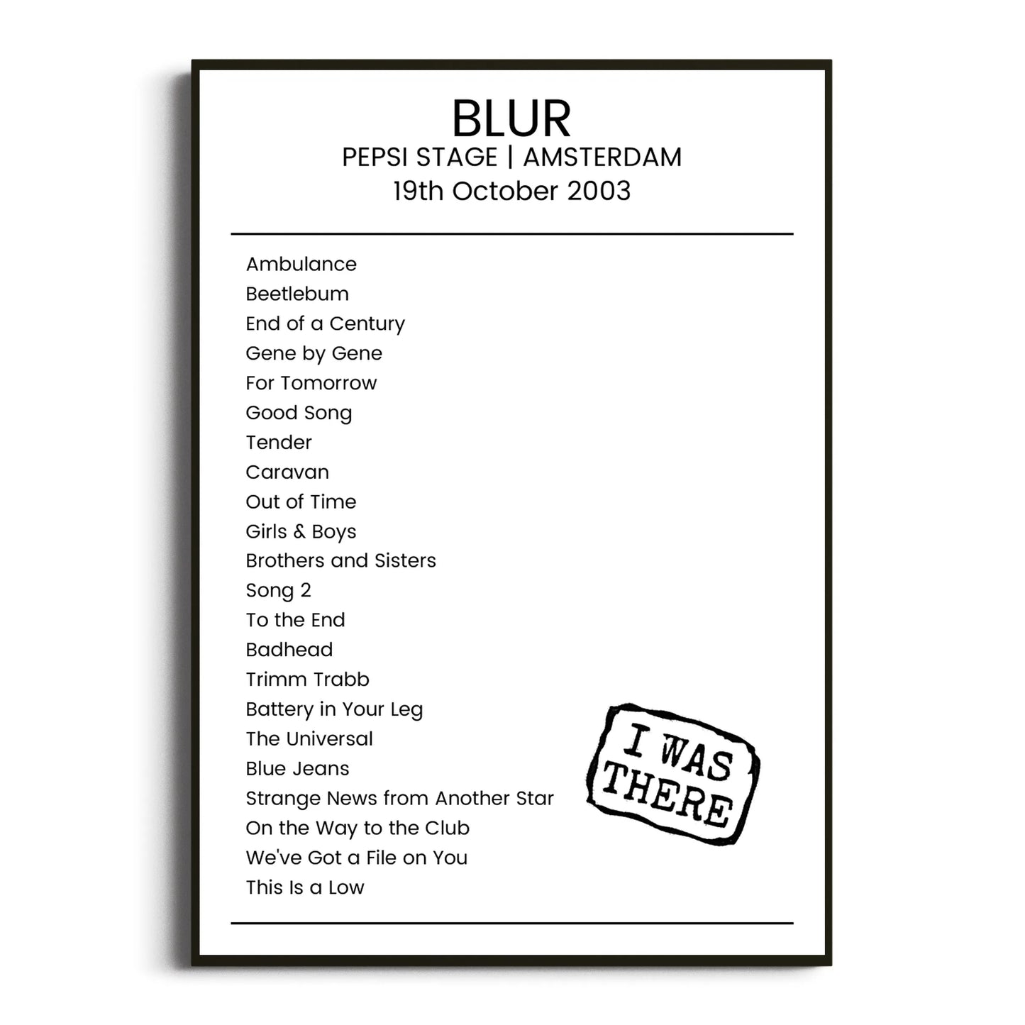 Blur Amsterdam 19 October 2003 Setlist Poster