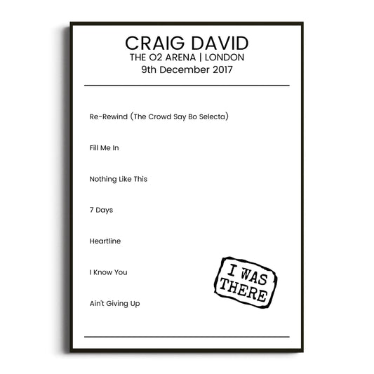 Craig David London 09 December 2017 Setlist Poster