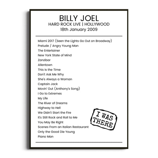 Billy Joel Hollywood 18 January 2009 Setlist Poster