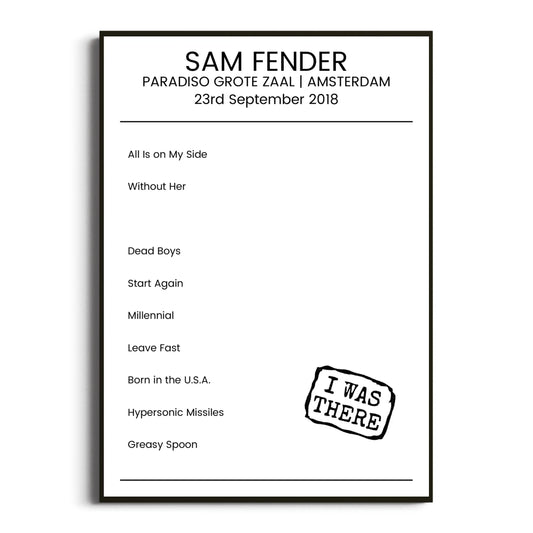 Sam Fender Amsterdam 23 September 2018 Setlist Poster