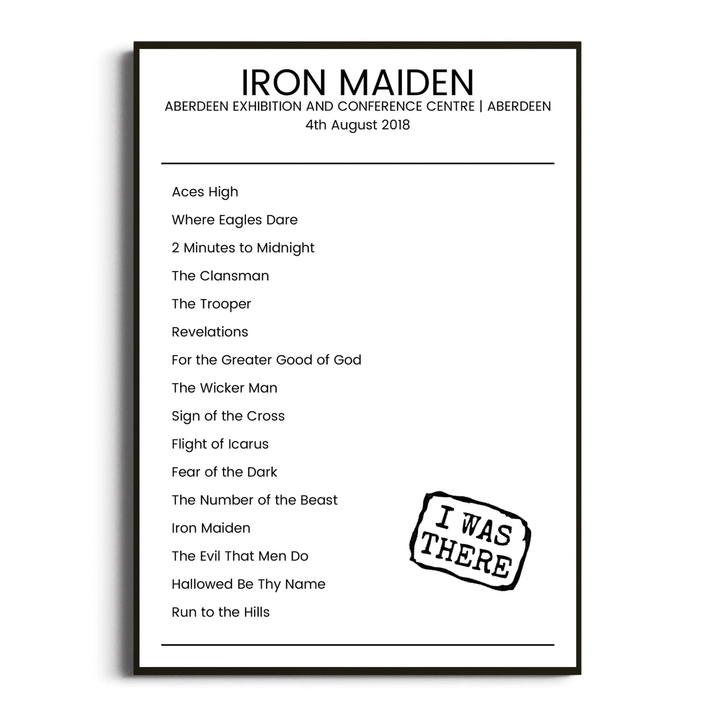 Iron Maiden Aberdeen 04 August 2018 Setlist Poster