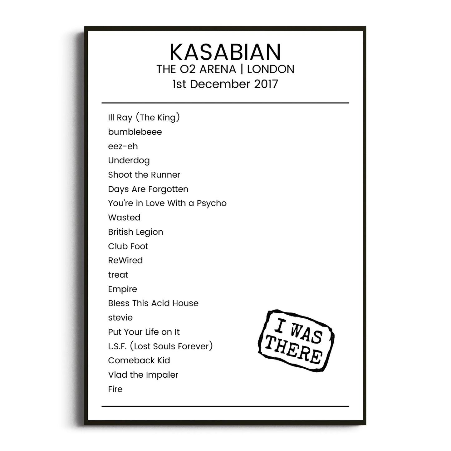 Kasabian London 01 December 2017 Setlist Poster